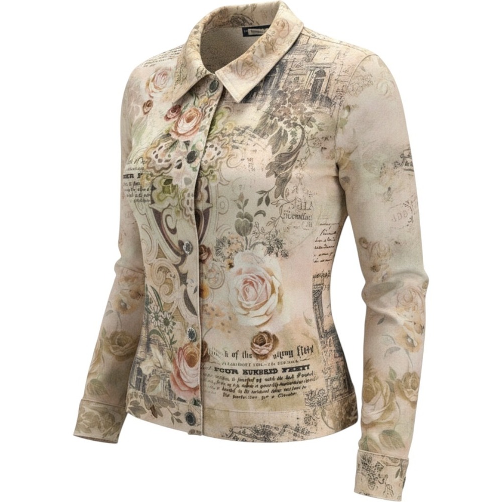 IMPULSE CALIFORNIA Jacket Womens S Cream Floral Collage Button Front Y2K Art